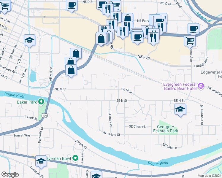 map of restaurants, bars, coffee shops, grocery stores, and more near 1500 Southeast M Street in Grants Pass