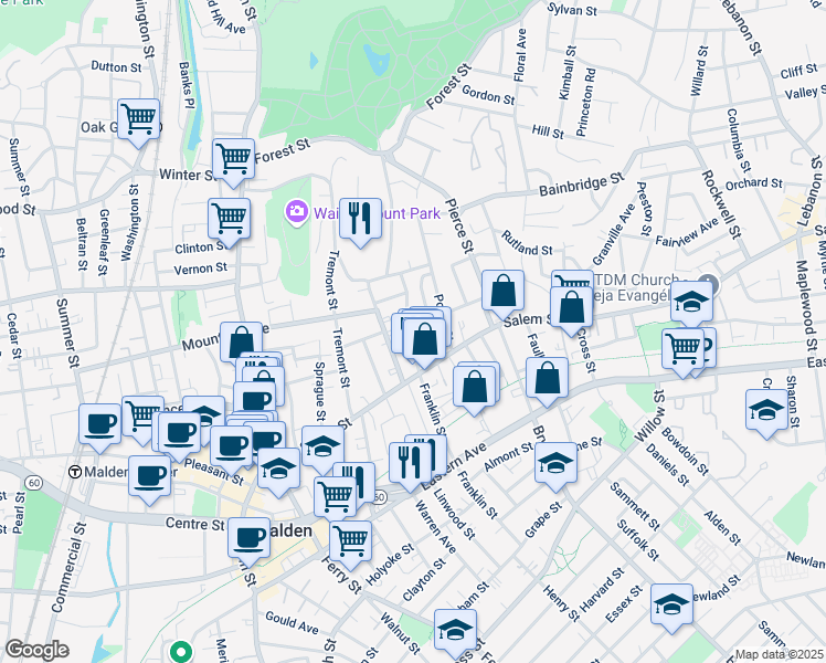 map of restaurants, bars, coffee shops, grocery stores, and more near 23-25 Wolcott Street in Malden