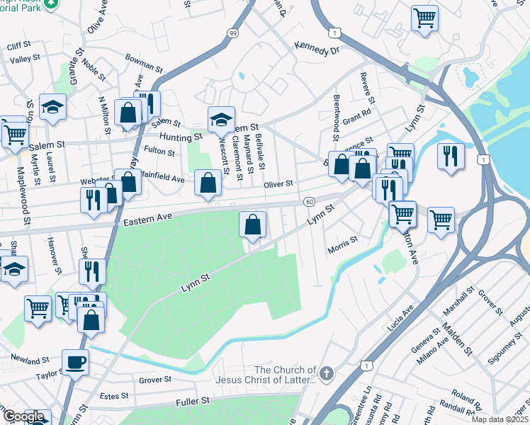 map of restaurants, bars, coffee shops, grocery stores, and more near 121 Bellvale Street in Malden