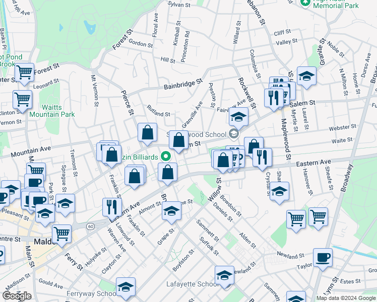 map of restaurants, bars, coffee shops, grocery stores, and more near 18-18R Playstead Road in Malden