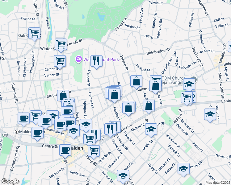 map of restaurants, bars, coffee shops, grocery stores, and more near 23-25 Wolcott Street in Malden