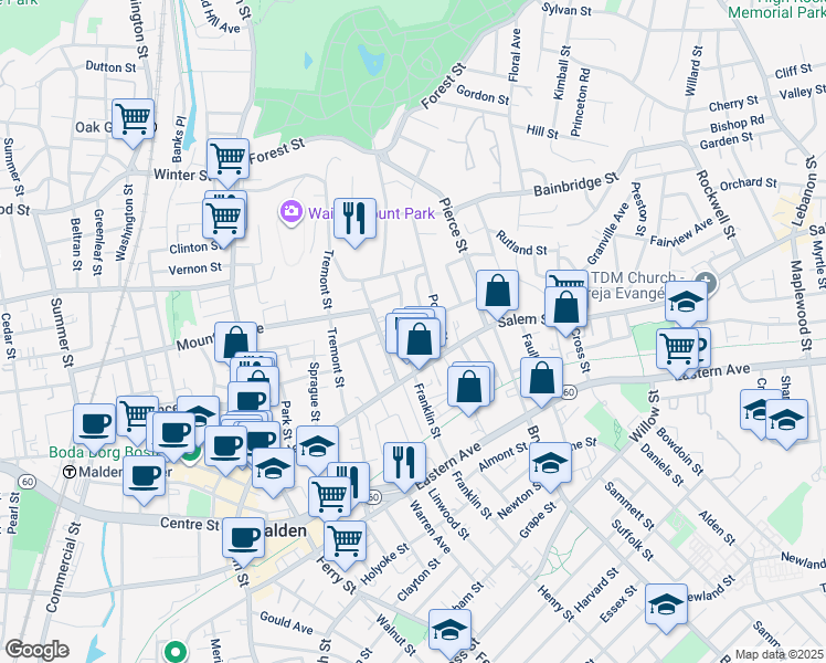 map of restaurants, bars, coffee shops, grocery stores, and more near 23-25 Wolcott Street in Malden