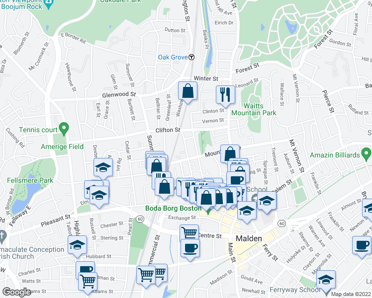map of restaurants, bars, coffee shops, grocery stores, and more near 11 Washington Place in Malden