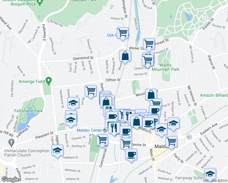 map of restaurants, bars, coffee shops, grocery stores, and more near 25 Lincoln Street in Malden