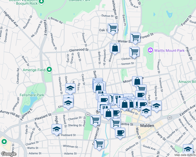 map of restaurants, bars, coffee shops, grocery stores, and more near 110 Summer Street in Malden