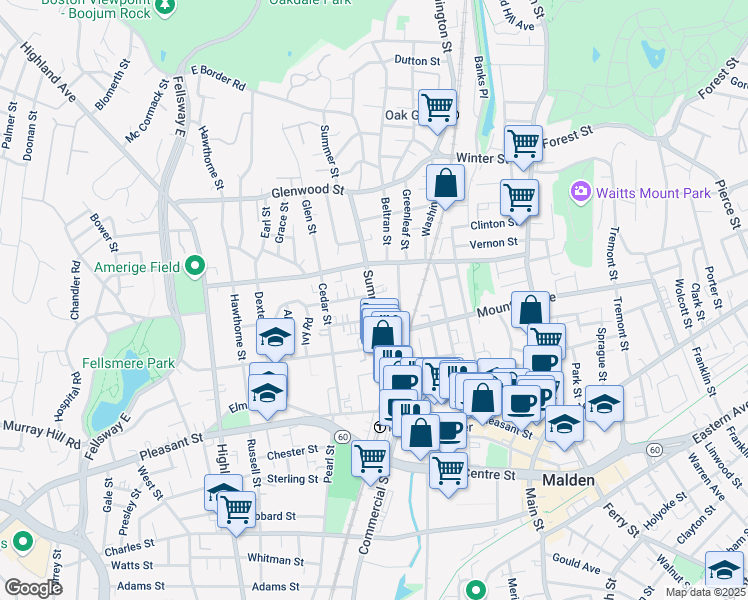 map of restaurants, bars, coffee shops, grocery stores, and more near 110 Summer Street in Malden