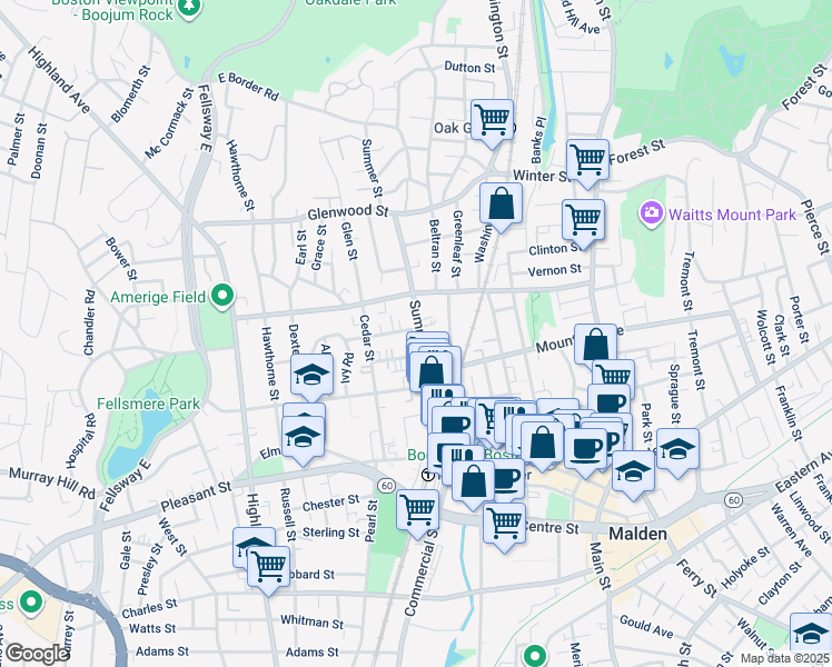 map of restaurants, bars, coffee shops, grocery stores, and more near 110 Summer Street in Malden