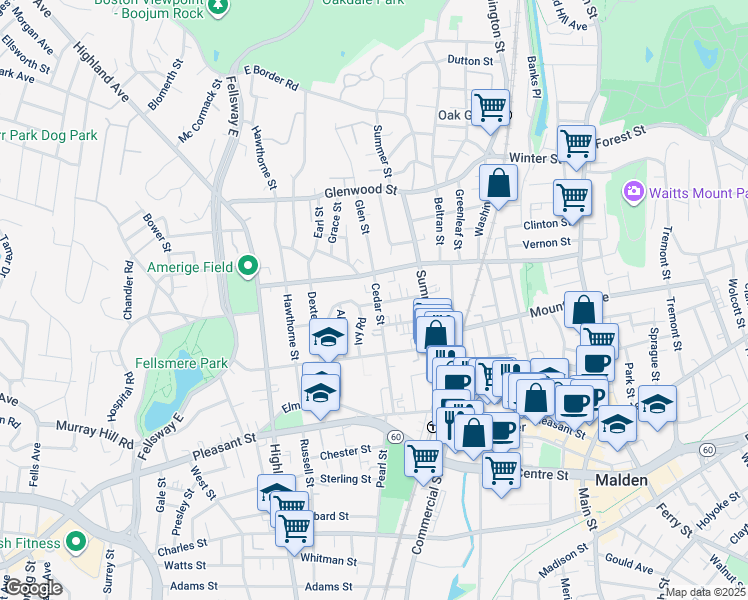 map of restaurants, bars, coffee shops, grocery stores, and more near 44 Rockland Avenue in Malden