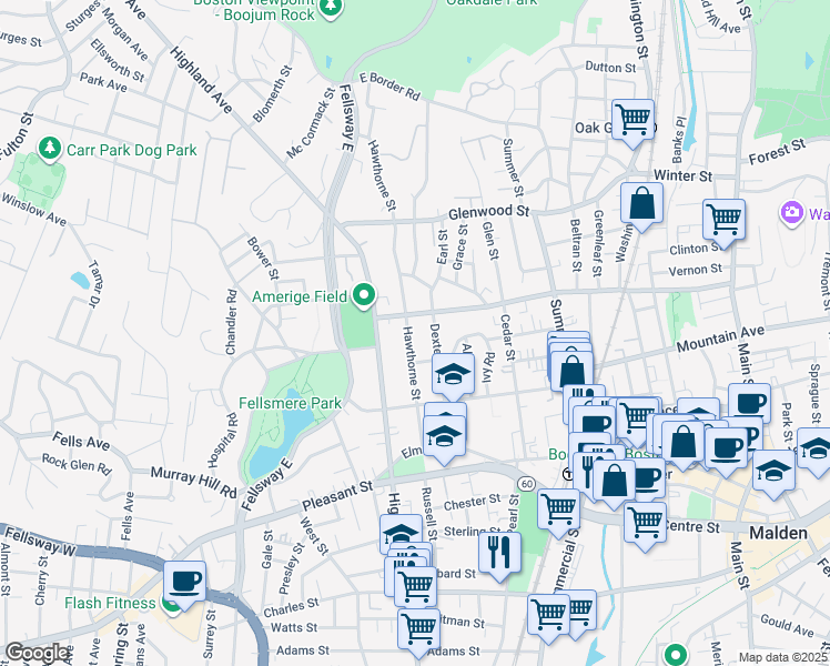 map of restaurants, bars, coffee shops, grocery stores, and more near 86 Hawthorne Street in Malden