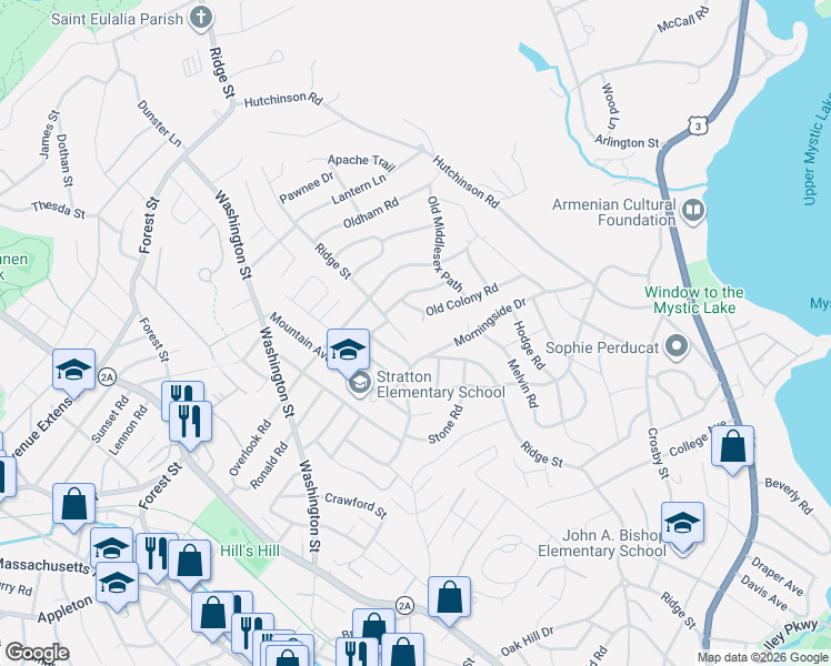 map of restaurants, bars, coffee shops, grocery stores, and more near 79 Morningside Drive in Arlington