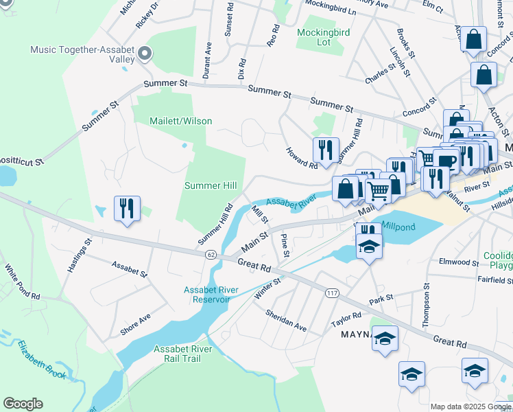 map of restaurants, bars, coffee shops, grocery stores, and more near 10 Mill Street in Maynard