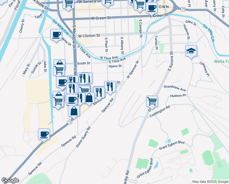 map of restaurants, bars, coffee shops, grocery stores, and more near 205 Elmira Road in Ithaca
