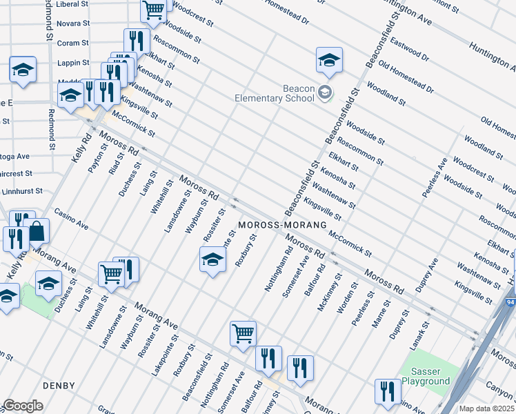 map of restaurants, bars, coffee shops, grocery stores, and more near 19439 Moross Road in Detroit