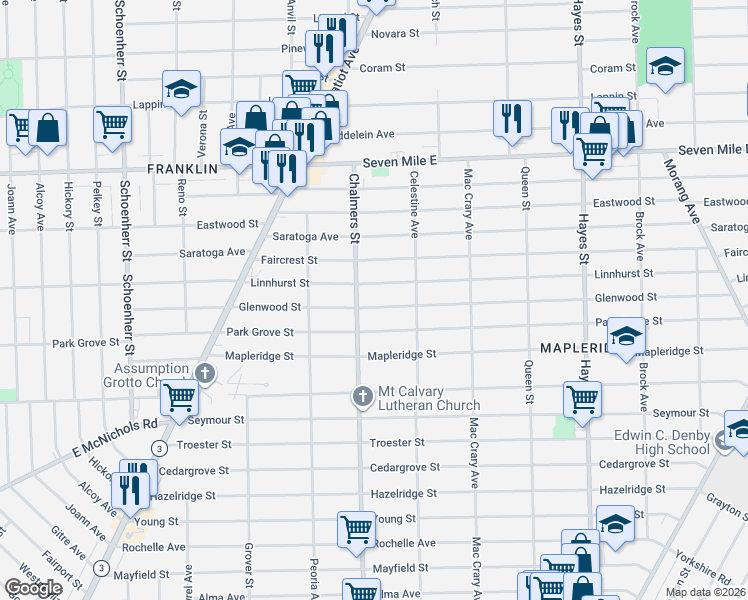 map of restaurants, bars, coffee shops, grocery stores, and more near 14452 Glenwood Street in Detroit