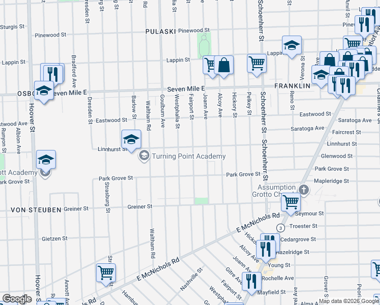 map of restaurants, bars, coffee shops, grocery stores, and more near 18480 Westphalia Street in Detroit