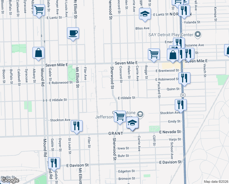 map of restaurants, bars, coffee shops, grocery stores, and more near 18626 Sherwood Street in Detroit