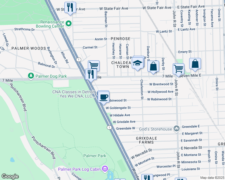 map of restaurants, bars, coffee shops, grocery stores, and more near 663 West Hollywood Avenue in Detroit