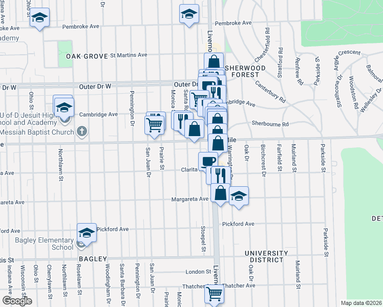 map of restaurants, bars, coffee shops, grocery stores, and more near 18950 Santa Rosa Drive in Detroit