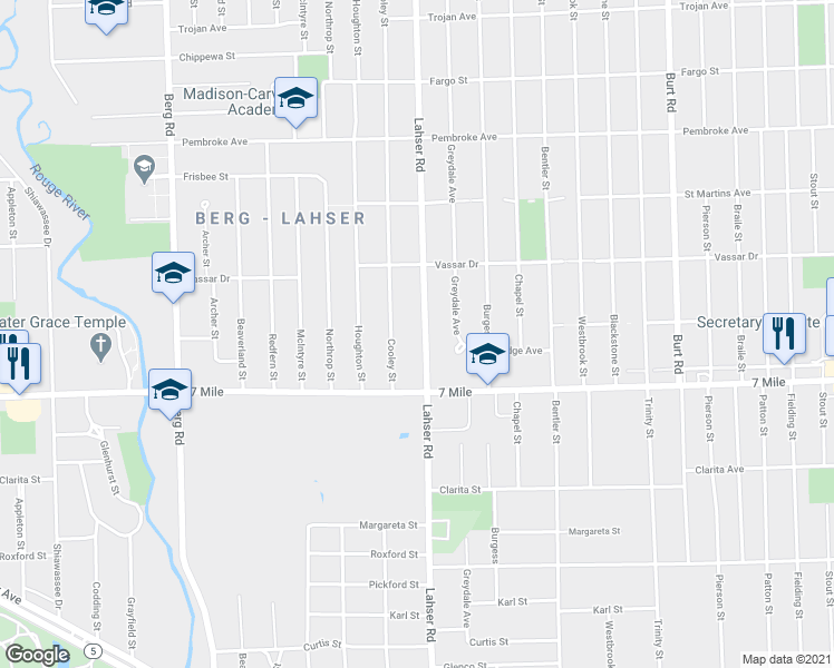 map of restaurants, bars, coffee shops, grocery stores, and more near 19199 Lahser Road in Detroit