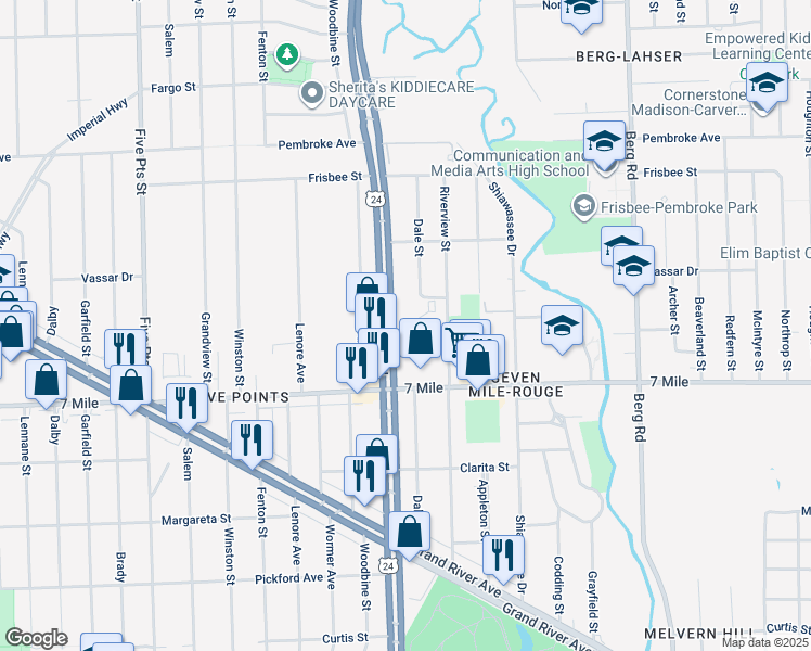 map of restaurants, bars, coffee shops, grocery stores, and more near 19248 Telegraph Road in Detroit