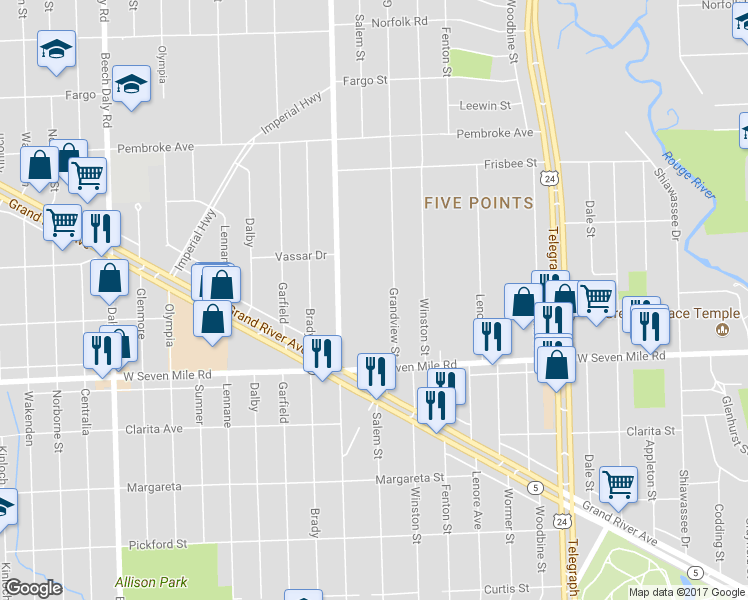 map of restaurants, bars, coffee shops, grocery stores, and more near 19247 Grandview Street in Detroit