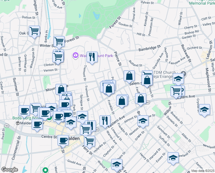 map of restaurants, bars, coffee shops, grocery stores, and more near 23-25 Wolcott Street in Malden