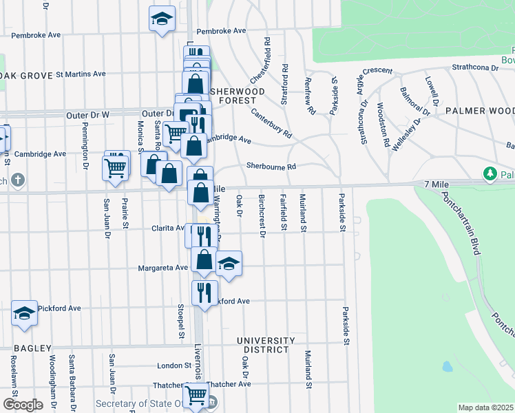map of restaurants, bars, coffee shops, grocery stores, and more near 18955 Birchcrest Drive in Detroit