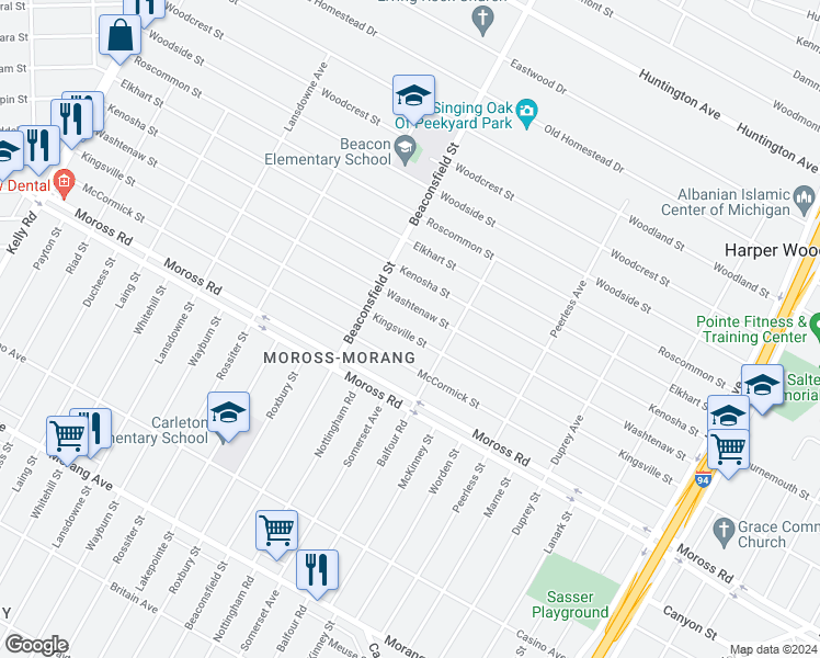 map of restaurants, bars, coffee shops, grocery stores, and more near 19693 Kingsville Street in Harper Woods