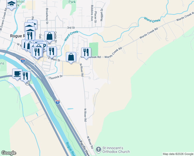 map of restaurants, bars, coffee shops, grocery stores, and more near 182 Wards Creek Road in Gold Hill