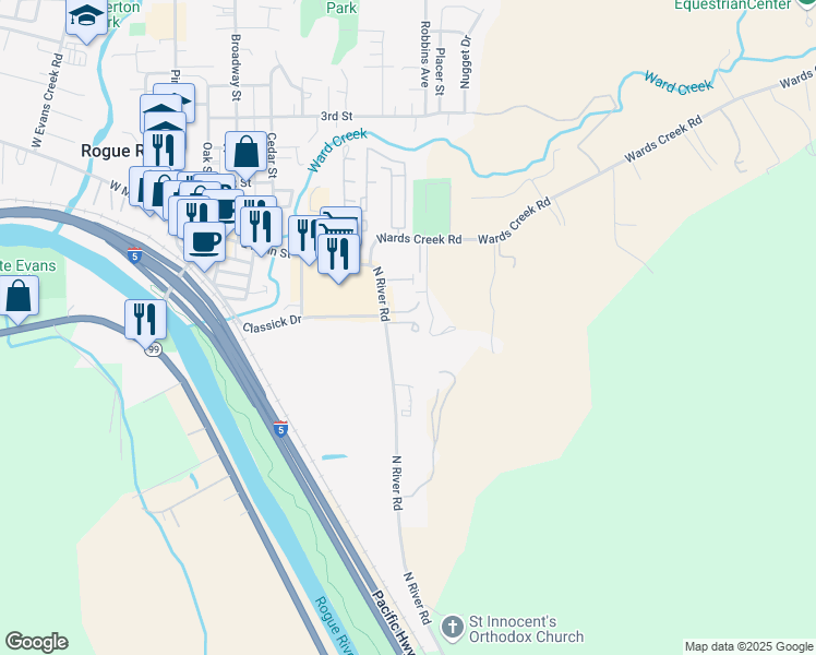 map of restaurants, bars, coffee shops, grocery stores, and more near North River Road in Rogue River