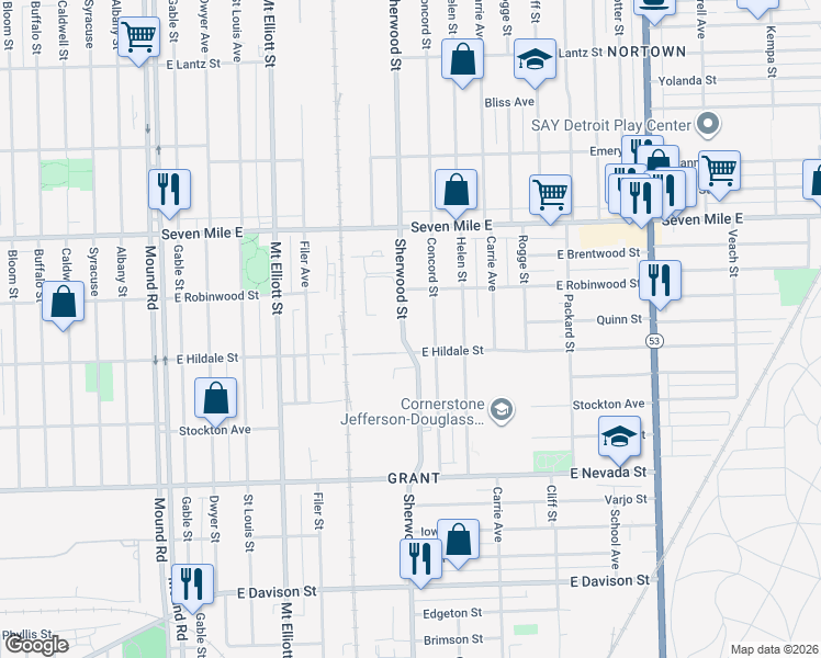 map of restaurants, bars, coffee shops, grocery stores, and more near 18626 Sherwood Street in Detroit