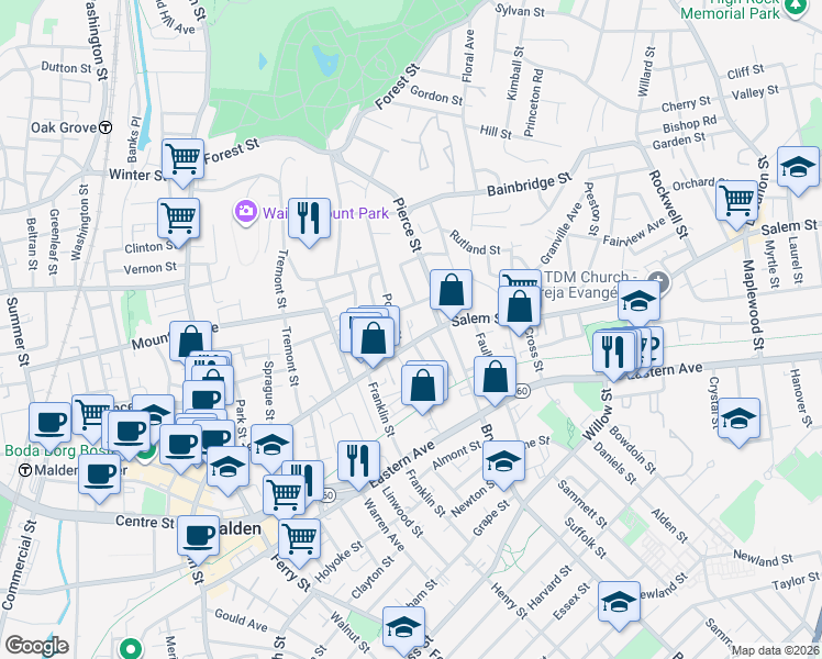 map of restaurants, bars, coffee shops, grocery stores, and more near 230 Salem Street in Malden