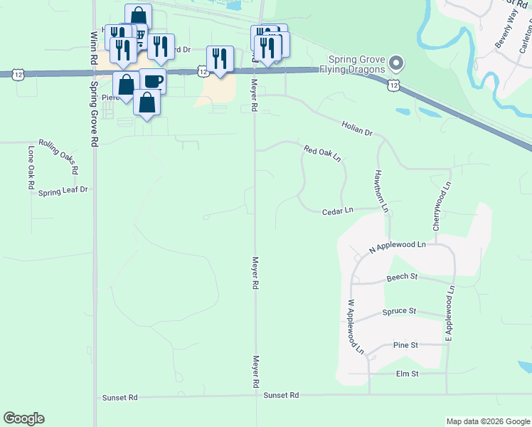 map of restaurants, bars, coffee shops, grocery stores, and more near 7369 English Oak Lane in Spring Grove