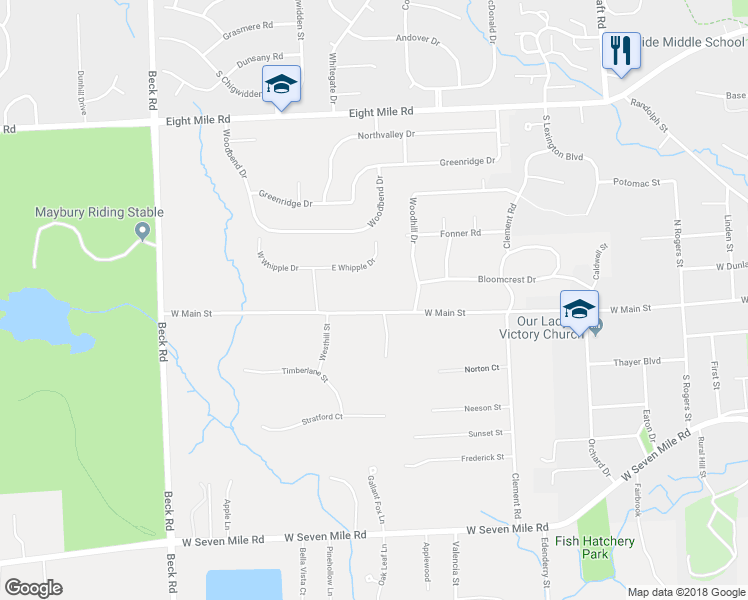 map of restaurants, bars, coffee shops, grocery stores, and more near 46556 West Main Street in Northville
