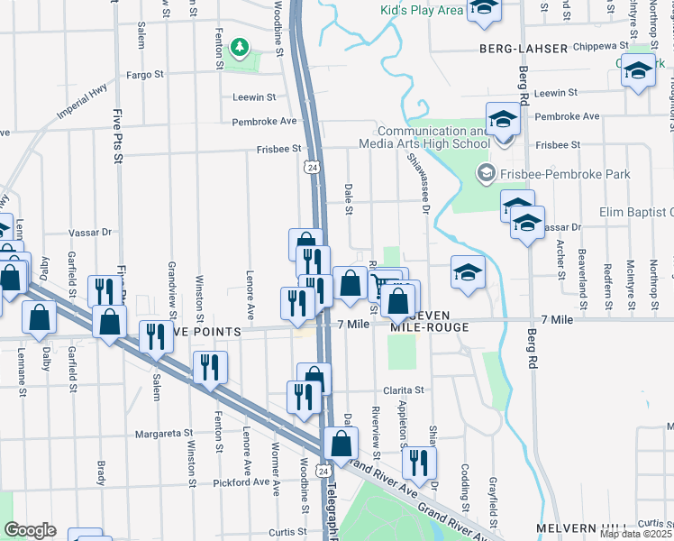 map of restaurants, bars, coffee shops, grocery stores, and more near 19248 Telegraph Road in Detroit