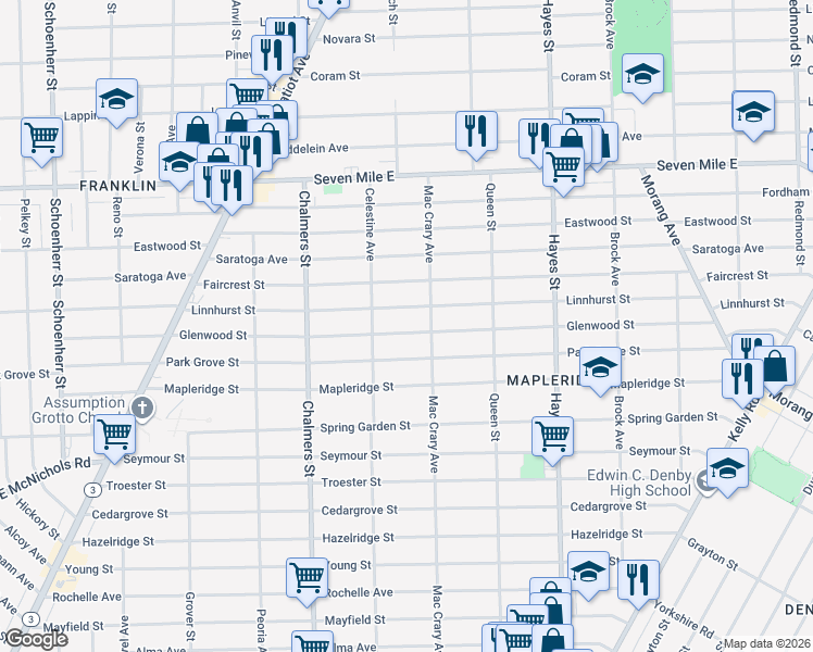 map of restaurants, bars, coffee shops, grocery stores, and more near 14676 Glenwood Street in Detroit
