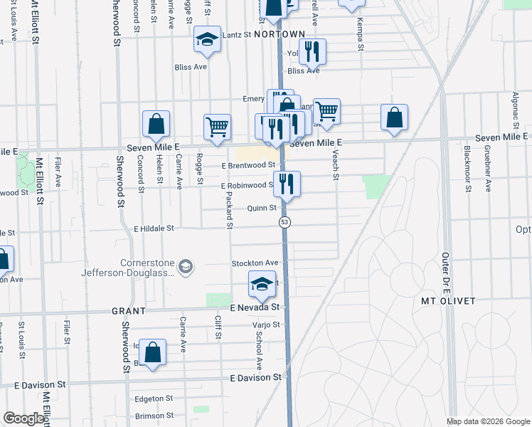 map of restaurants, bars, coffee shops, grocery stores, and more near 7617 East Hildale Street in Detroit
