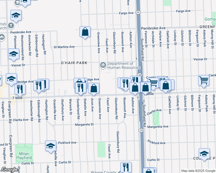 map of restaurants, bars, coffee shops, grocery stores, and more near 18450-18598 West Seven Mile Road in Detroit