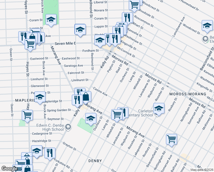 map of restaurants, bars, coffee shops, grocery stores, and more near 12644 Riad Street in Detroit