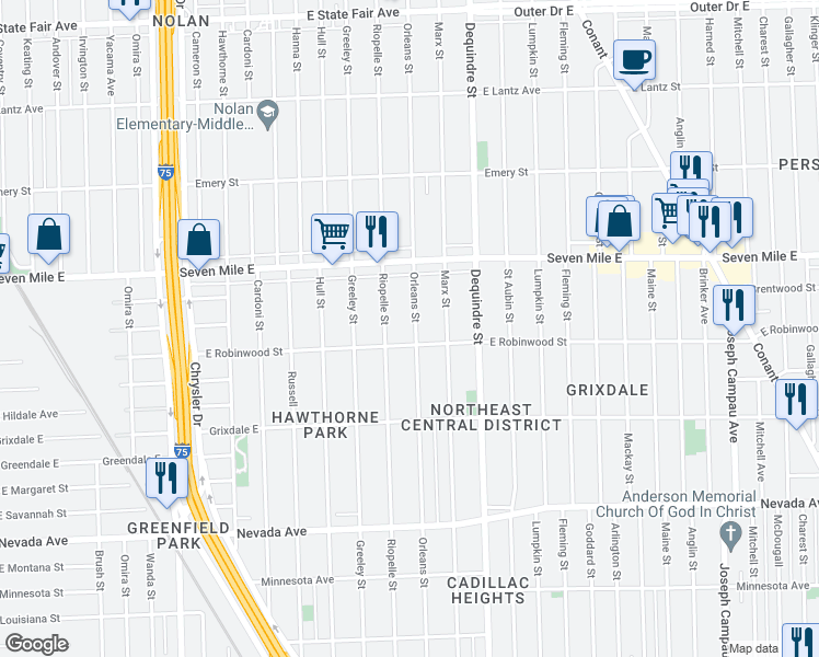 map of restaurants, bars, coffee shops, grocery stores, and more near 18829 Orleans Street in Highland Park