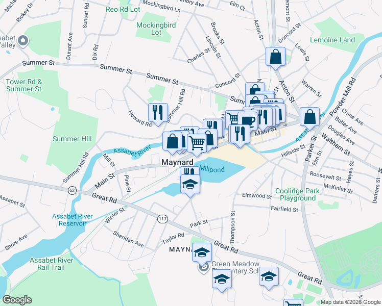 map of restaurants, bars, coffee shops, grocery stores, and more near 179 Main Street in Maynard