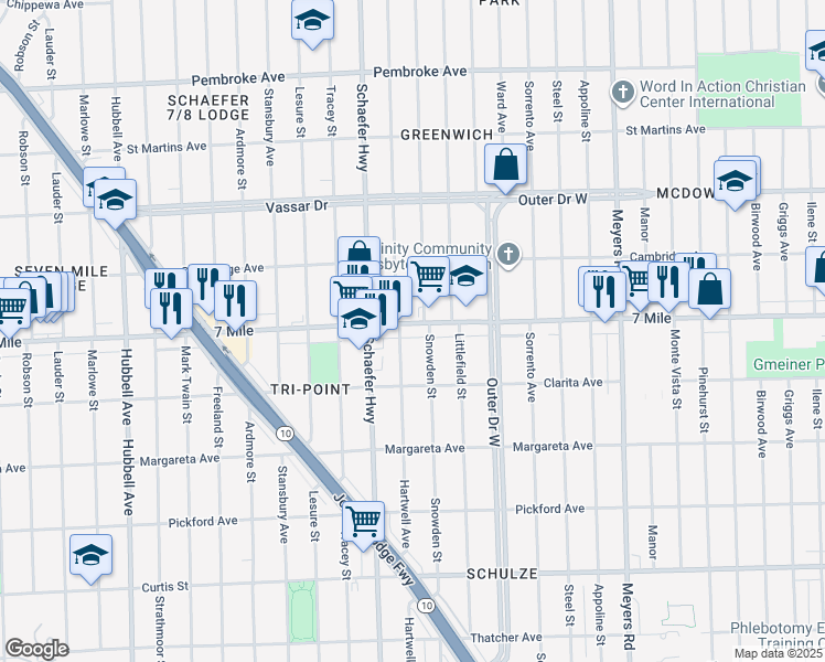 map of restaurants, bars, coffee shops, grocery stores, and more near 18981 Hartwell Street in Detroit