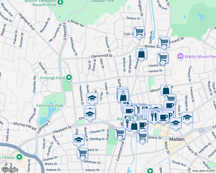 map of restaurants, bars, coffee shops, grocery stores, and more near 39 Rockland Avenue in Malden