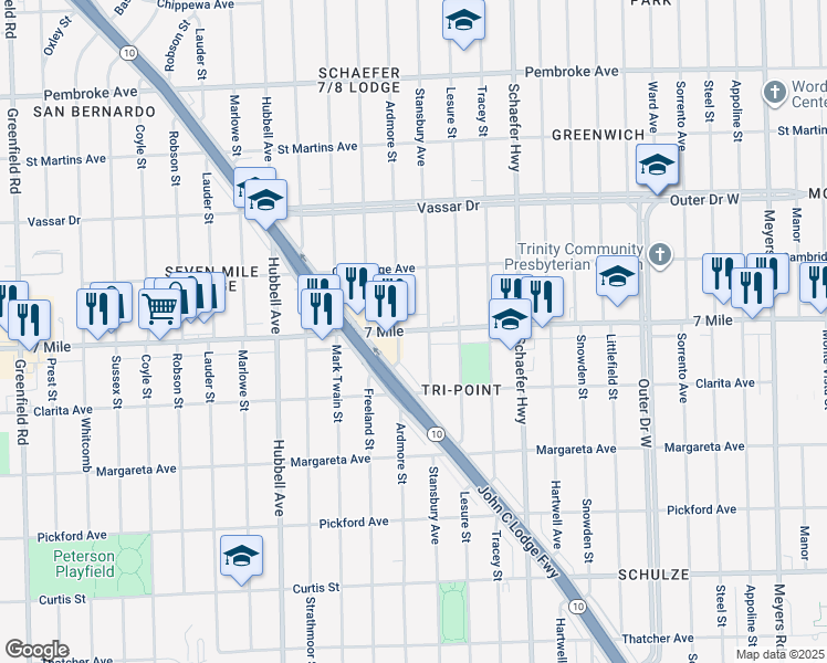 map of restaurants, bars, coffee shops, grocery stores, and more near 18985 Stansbury Avenue in Detroit