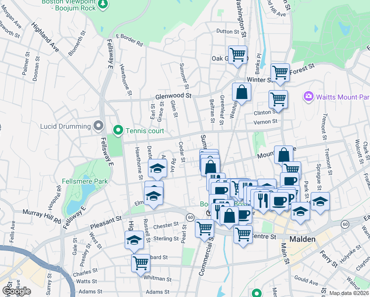 map of restaurants, bars, coffee shops, grocery stores, and more near 32 Rockland Avenue in Malden
