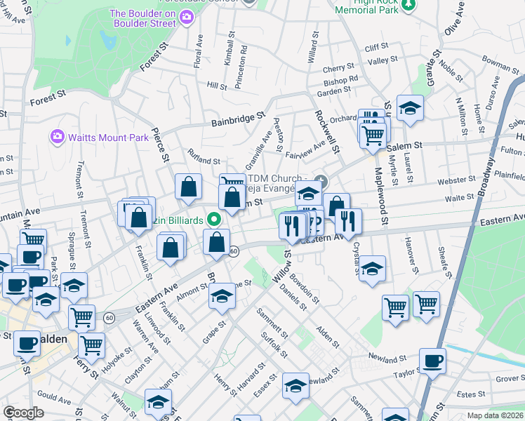 map of restaurants, bars, coffee shops, grocery stores, and more near 18-18R Playstead Road in Malden