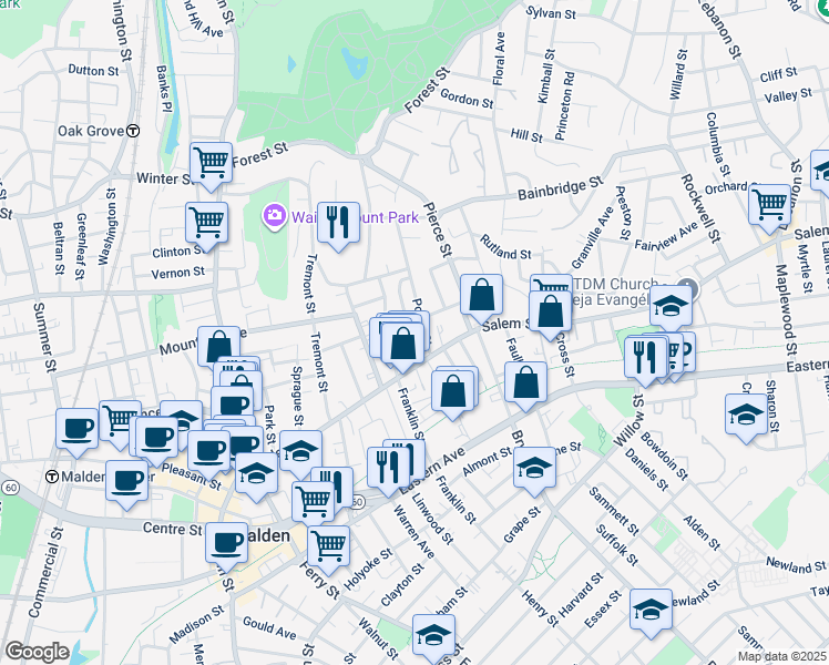 map of restaurants, bars, coffee shops, grocery stores, and more near 230 Salem Street in Malden