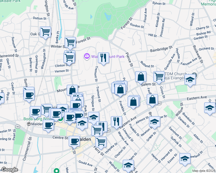 map of restaurants, bars, coffee shops, grocery stores, and more near 27-29 Page Street in Malden