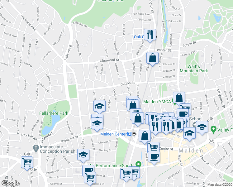 map of restaurants, bars, coffee shops, grocery stores, and more near 32 Rockland Avenue in Malden