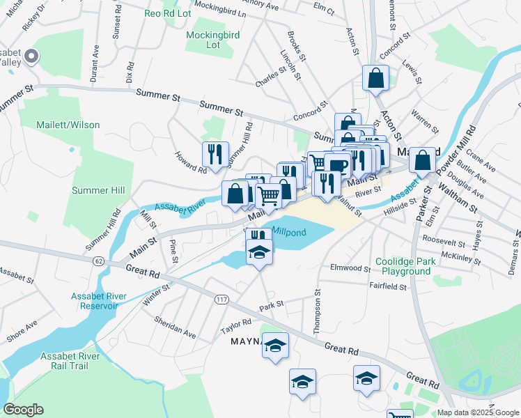 map of restaurants, bars, coffee shops, grocery stores, and more near 179 Main Street in Maynard